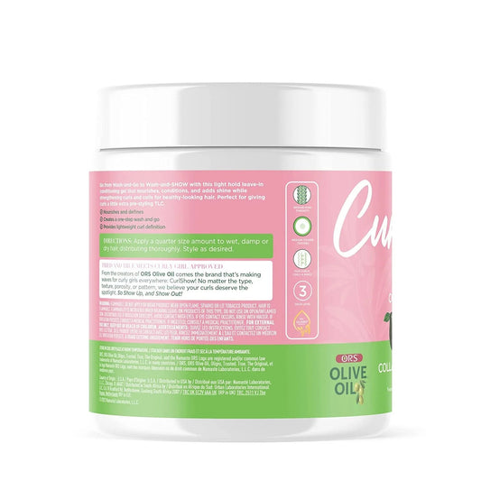 ORS Olive Oil CurlShow 2-in-1 Leave-In Conditioner Gel 473 ml — back and side label — SKU 632169121830