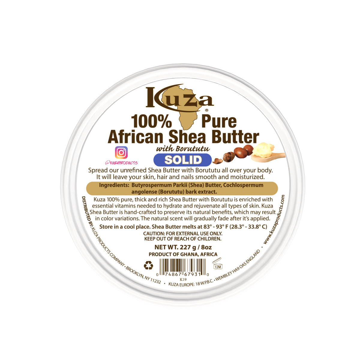 Kuza 100% Pure African Shea Butter - Solid Yellow, 8 oz lid label — SKU 074867679310