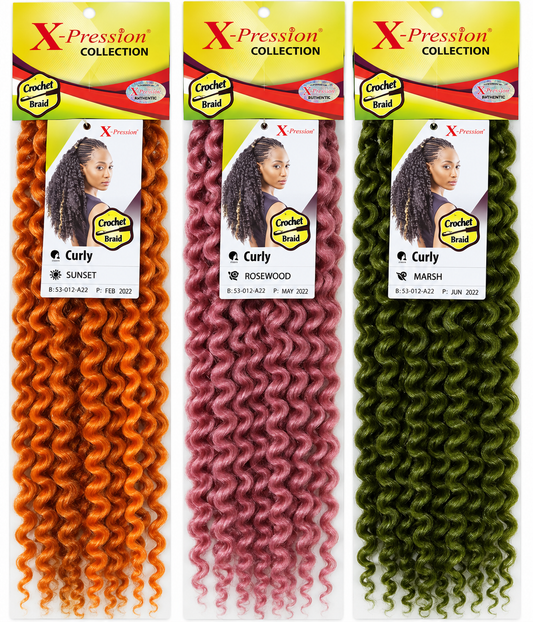 X-pression Collection Curly colour examples: Sunset, Rosewood and Marsh
