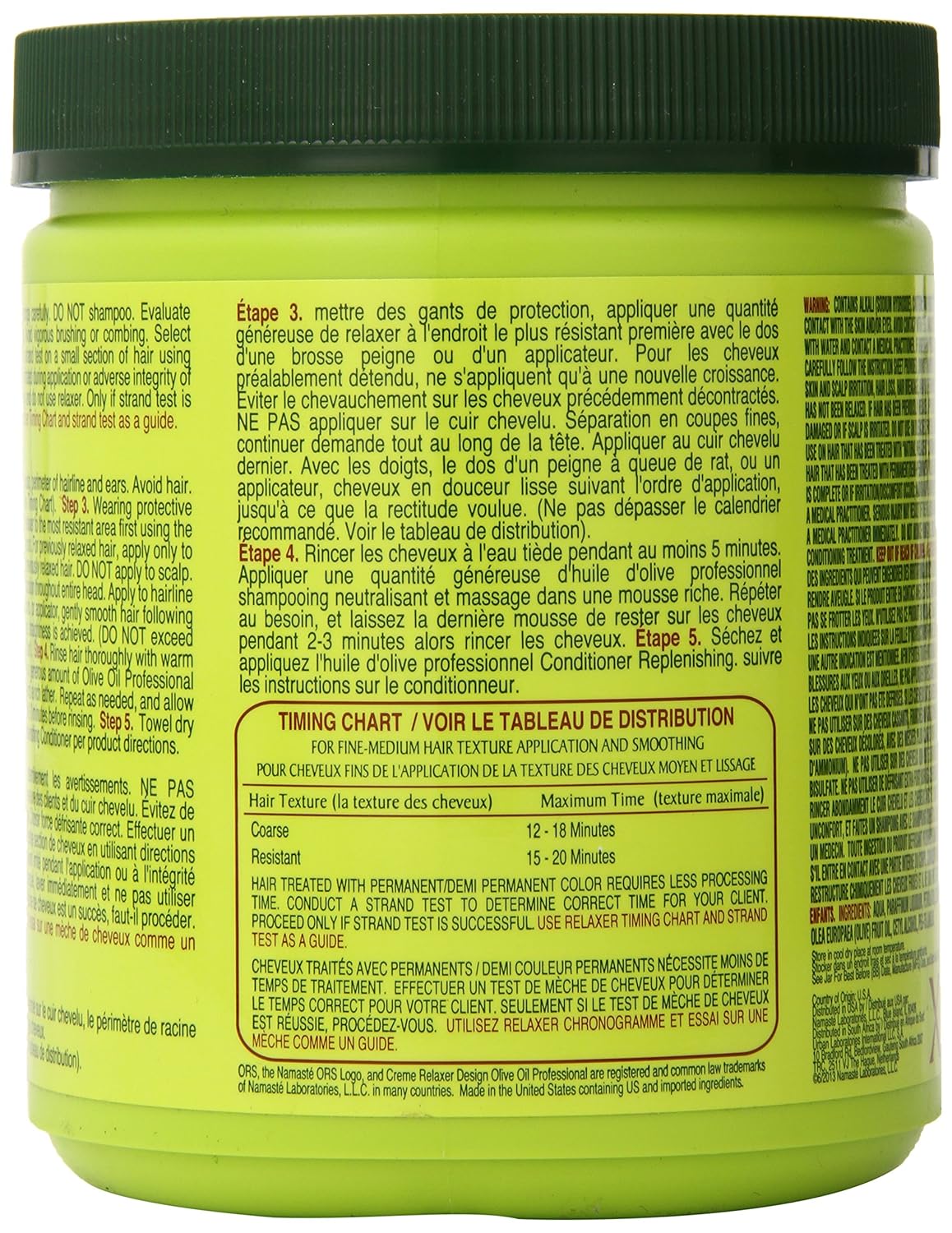 ORS Olive Oil Professional Crème Relaxer - Extra Strength 531 g / 18.7 oz - rear or side label view 2 - SKU 632169111213