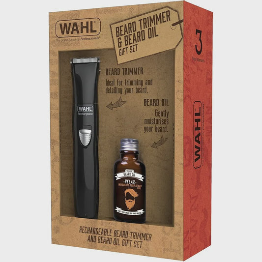 WAHL RECHARGEABLE BEARD TRIMMER AND BEARD OIL  GIFT SET