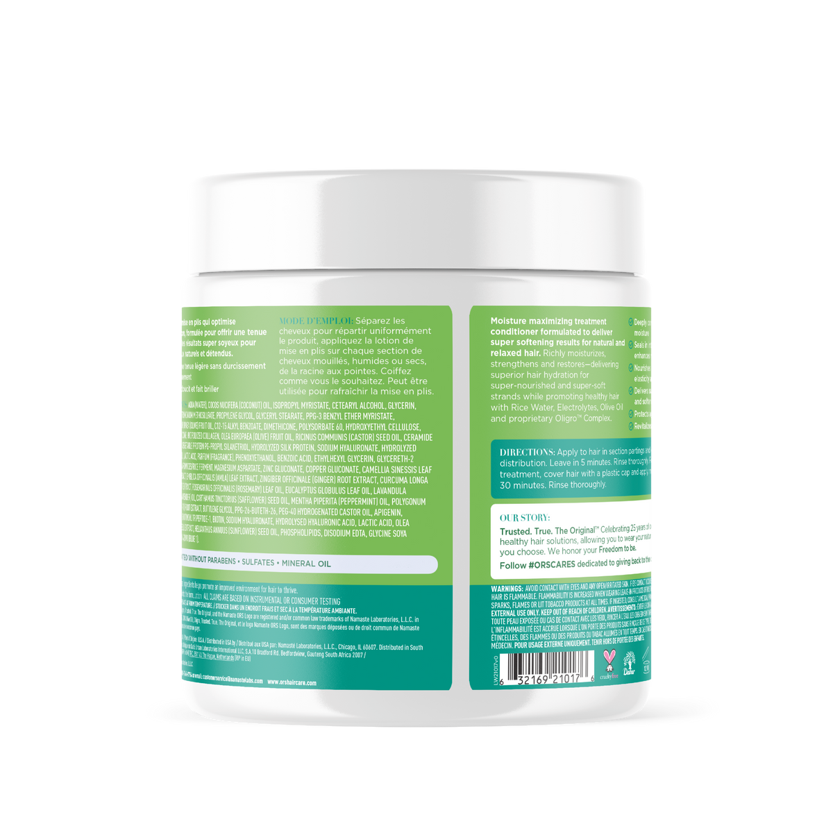 ORS Olive Oil Max Moisture Deep Treatment Conditioner 567 g — back and side label — SKU 632169210176