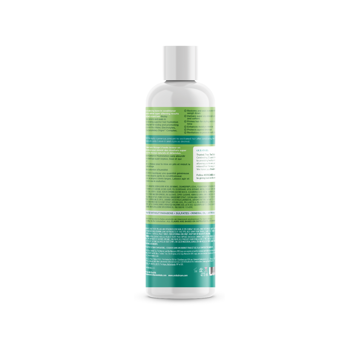 ORS Olive Oil Max Moisture Leave-In Conditioner 473 ml — back and side label — SKU 632169210206