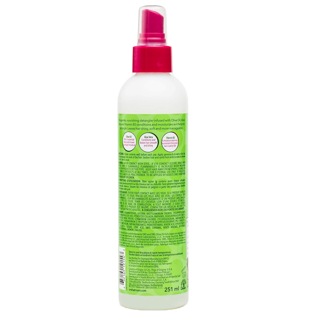 ORS Olive Oil Girls Leave-In Conditioning Detangler 251ml - rear or side label view 1 - SKU 632169191543