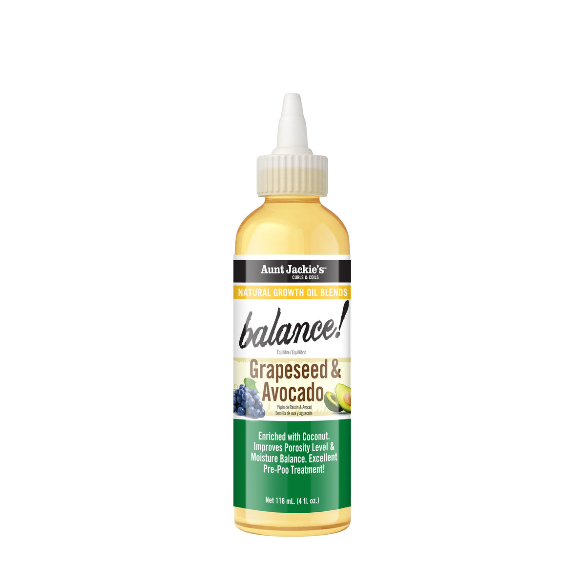Aunt Jackie's Balance Grapeseed & Avocado Oil 118 ml — front of pack — SKU 034285691042