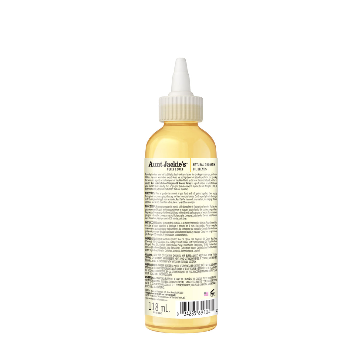 Aunt Jackie's Balance Grapeseed & Avocado Oil 118 ml — back label — SKU 034285691042