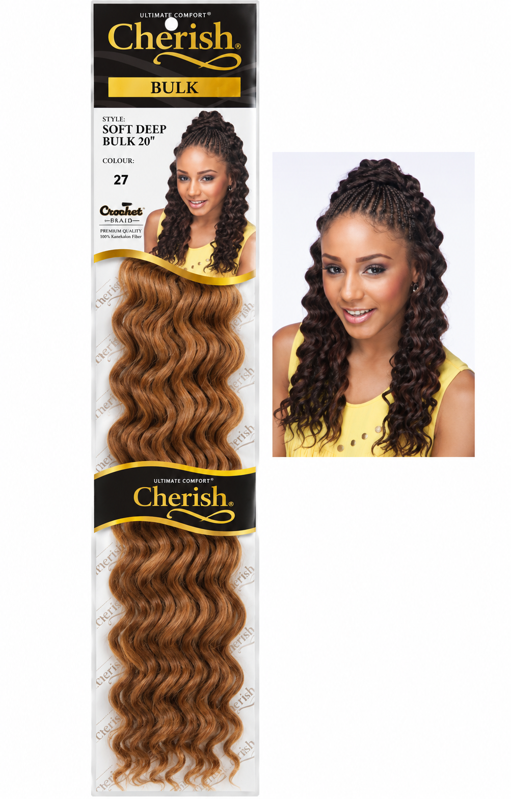 Cherish Soft Deep Bulk 20-inch colour 27 pack with dark hairstyle example