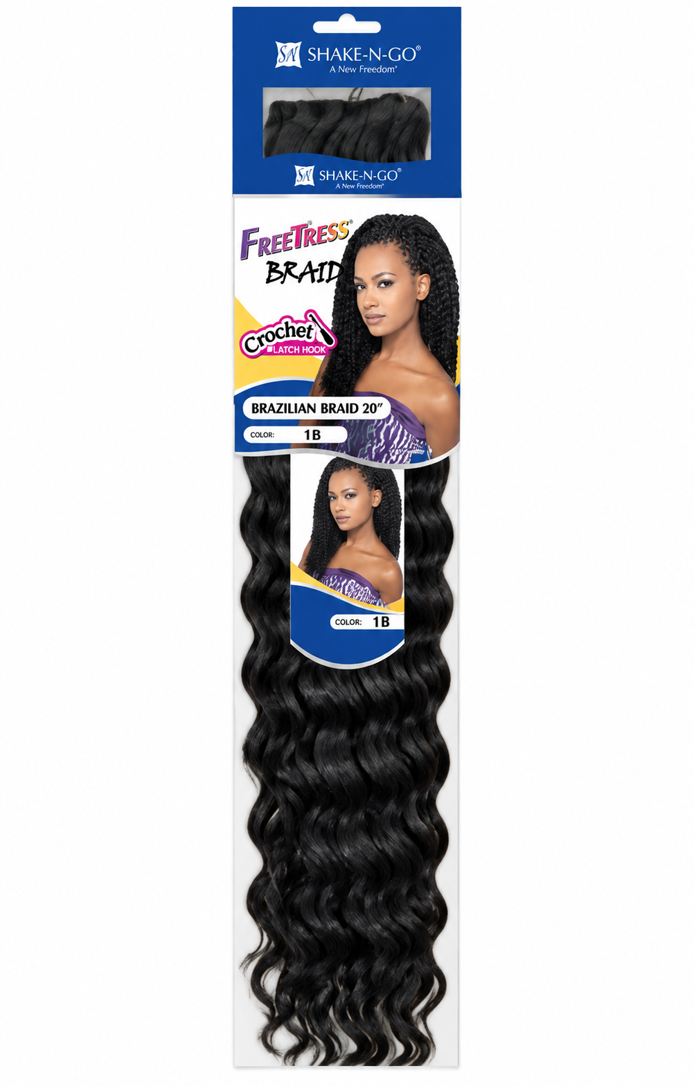 Shake-N-Go FreeTress Brazilian Braid 20-inch crochet hair packaging, colour 1B