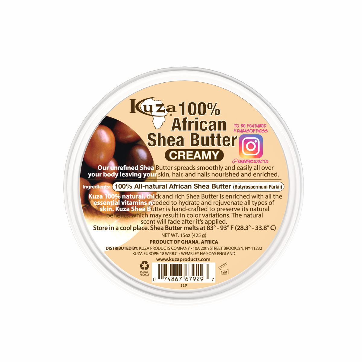 Kuza 100% Pure African Shea Butter - Creamy White, 15 oz lid label — SKU 074867679297