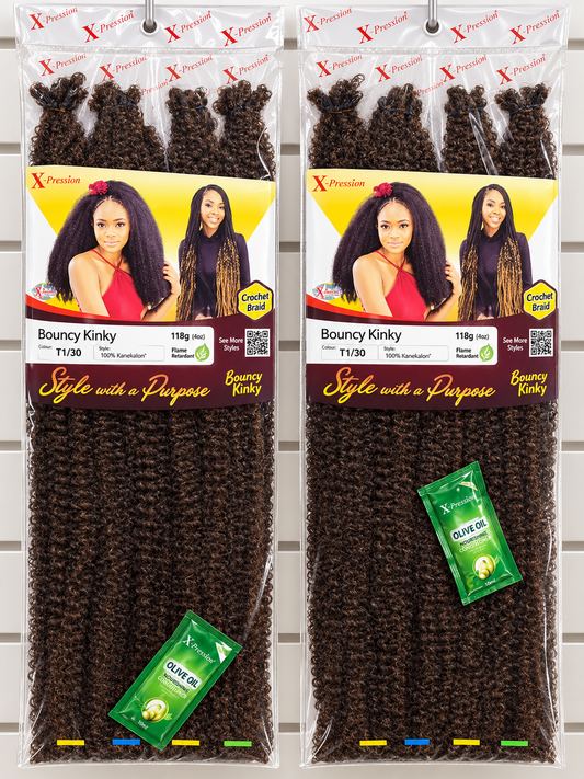 X-Pression Collection Bouncy Kinky hair extension packaging, two packs labelled T1/30